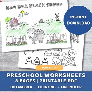 Preschool Worksheets Printable, Nursery Rhyme Dot Marker, Counting, Fine Motor Activities For Toddlers Ages 2 to 5+ Baa Baa Black Sheep