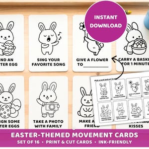 Peut inclure: Jeu de cartes de mouvements sur le th&egrave;me de P&acirc;ques avec des illustrations de lapins. Chaque carte propose une activit&eacute; diff&eacute;rente, comme trouver un &oelig;uf de P&acirc;ques ou chanter une chanson. Cartes imprimables et d&eacute;coupables, adapt&eacute;es &agrave; l'encre.