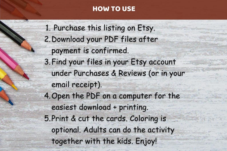 Peut inclure: Image avec des instructions sur l'utilisation d'un produit achet&eacute; sur Etsy. Le texte comprend les &eacute;tapes de t&eacute;l&eacute;chargement, d'impression et d'utilisation du produit. Des crayons de couleur sont dans le coin sup&eacute;rieur gauche.
