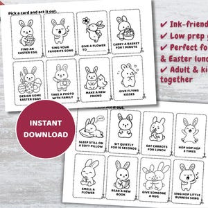 Peut inclure: Deux feuilles imprimables avec des activit&eacute;s sur le th&egrave;me de P&acirc;ques mettant en vedette des lapins de dessins anim&eacute;s. Les cartes incluent des actions comme "Trouver un &oelig;uf de P&acirc;ques" et "Envoyer des baisers volants". L'image comprend &eacute;galement le texte "T&eacute;l&eacute;chargement instantan&eacute;".
