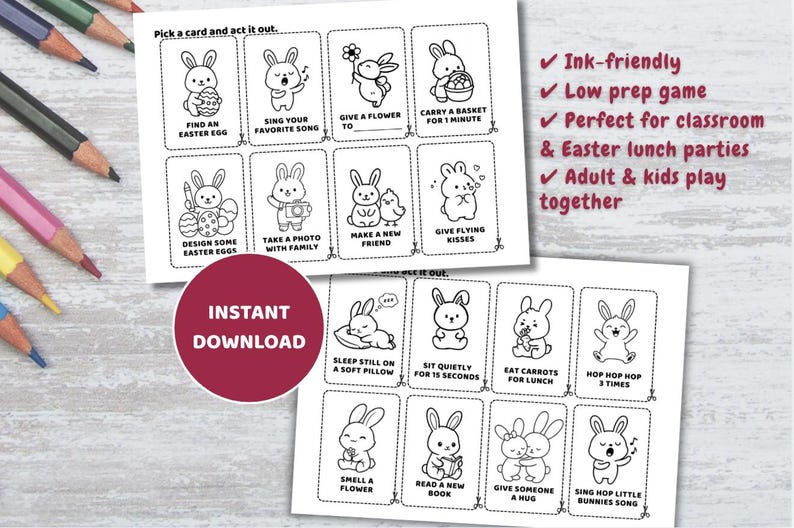 Peut inclure: Deux feuilles imprimables avec des activit&eacute;s sur le th&egrave;me de P&acirc;ques mettant en vedette des lapins de dessins anim&eacute;s. Les cartes incluent des actions comme "Trouver un &oelig;uf de P&acirc;ques" et "Envoyer des baisers volants". L'image comprend &eacute;galement le texte "T&eacute;l&eacute;chargement instantan&eacute;".