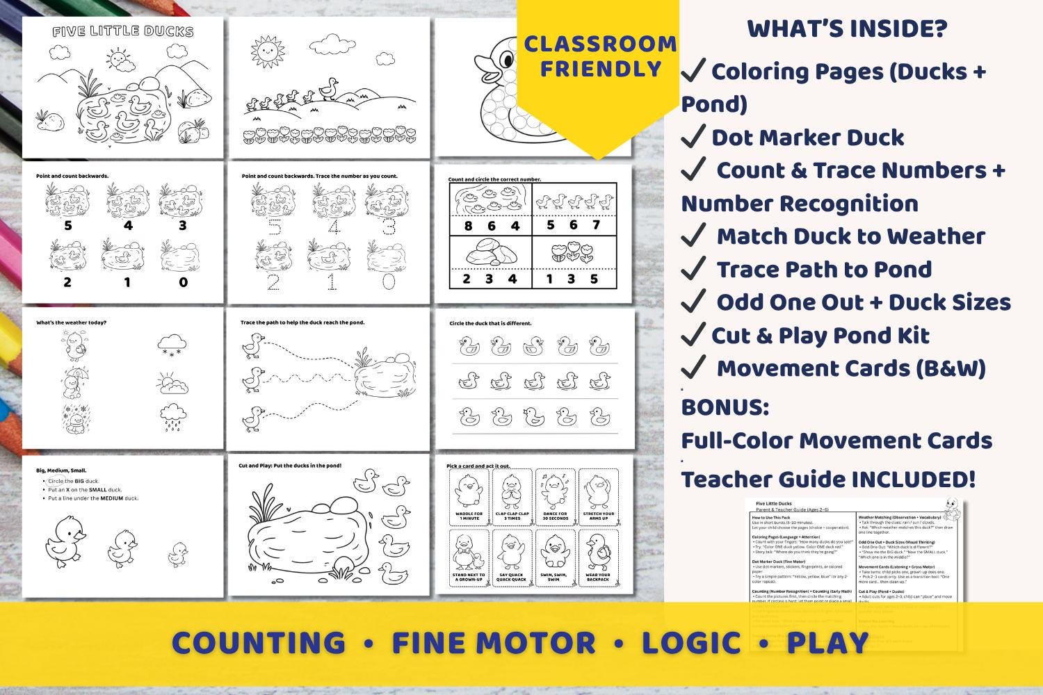 Duck Learning Worksheet Five Little Ducks Preschool Printable, Nursery Rhyme Worksheets ...