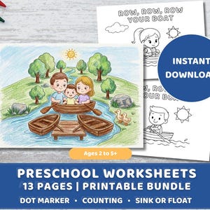 Row Row Row Your Boat Preschool Printable, Nursery Rhyme Worksheets, Sink Float Science, Counting, Dot Marker, Pre-K
