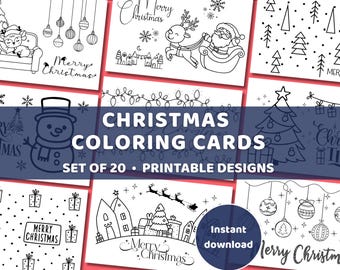 de Noël à colorier | Jeu de 20 cartes de voeux imprimables à colorier pour les fêtes, bricolage amusant, designs uniques
