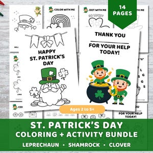Paquete de actividades para colorear del Día de San Patricio, imprimible preescolar de duende y trébol (para edades de 2 a 5 años o más)