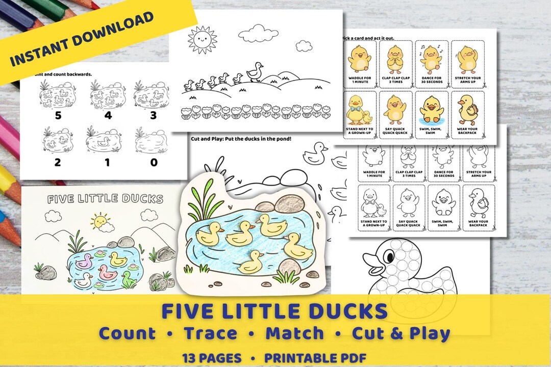 Duck Learning Worksheet Five Little Ducks Preschool Printable, Nursery Rhyme Worksheets ...