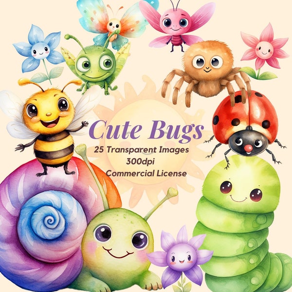 Watercolour cute bugs nature clipart Cute bugs for baby shower nursery decoration kawaii bugs collection transparent png commercial license