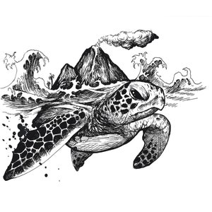Può includere: Un'illustrazione in bianco e nero di una tartaruga marina che nuota nell'oceano con un'isola vulcanica sullo sfondo. La tartaruga è disegnata in dettaglio, con il suo guscio, le pinne e la testa chiaramente visibili. L'isola è anche disegnata in dettaglio, con una colonna di fumo che sale dalla sua cima.