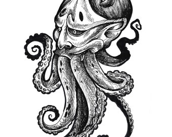 Yokai Octopus, Octopus Print, Ocean Print, Mask Art, Octopus Sketch, Ocean Mashup, Japanese Sketch, Yokai Art, Ink Sketch, Sea Creature Art