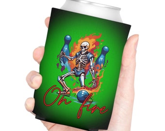 On fire Can Cooler beer soda energy drink cold can holder bowling pins bowler lovers bowling ball flames skeleton drink Ware athletic bowler