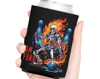 On fire bowling pins Can Cooler beer soda energy drink cold can holder bowler lovers bowling ball flames skeleton drink Ware athletic bowler