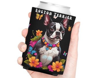 Boston terrier Can Cooler beer soda pop energy drink can holder doglovers K9 pet Boston terrier mom flowers butterflies beer soda cold drink