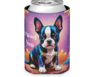 I Woof you drink holder Boston terrier dog lovers beer soda pop can holder K9 terrier dog mom funny teacher nurse father dad gift Cozies