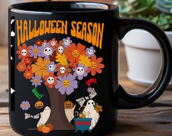 Halloween season 11oz Black Mug ghost mug skulls flowers funny mug coffee Coco tea RV camping spooky kitchen beverage teachers gift work