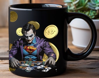 Joker superhero coffee mug black 11 oz Tea mug teacher gamer friend college student poker gold coins gift kitchen living drinkWare RVcamping