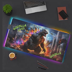 Godzilla Lives LED Gaming Mouse Pad, Battle Aesthetic RGB Lighting for Gamers Labor Day gift, Alternative: Godzilla Mouse Mat, Light Up Desk