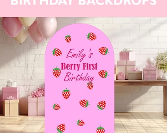 Berry First Birthday Backdrop | Strawberry First Birthday Sign | Pink Birthday Backdrop | Cake Smash Backdrop | Coroplast Party Cutout