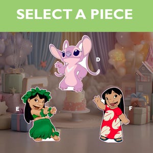 May include: The image shows three cartoon character cutouts: a pink and white character, a girl in a green skirt and lei, and a girl in a red dress with white floral patterns. The text "SELECT A PIECE" is at the top.