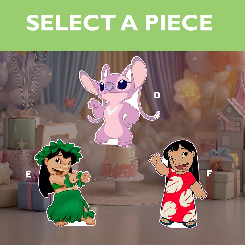 May include: The image shows three cartoon character cutouts: a pink and white character, a girl in a green skirt and lei, and a girl in a red dress with white floral patterns. The text "SELECT A PIECE" is at the top.