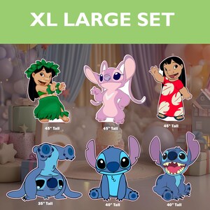 May include: XL Large Set of character cutouts. Includes six colorful figures: Lilo, Angel, and three Stitch figures, and Lilo. The figures range in height from 89 to 114 cm. The text "XL LARGE SET" is at the top.