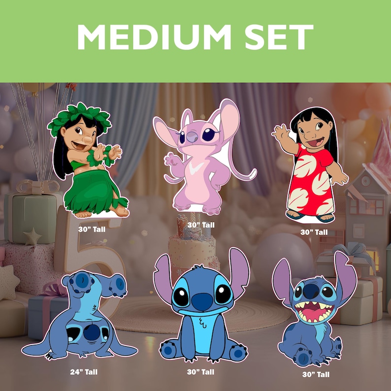 May include: A medium set of six cartoon character cutouts. The characters include Lilo, Stitch, and Angel. The cutouts are various sizes, with the tallest being 76 cm. The text "MEDIUM SET" is at the top.