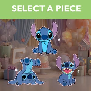 May include: Image showing three cartoon cutouts of Stitch from Lilo & Stitch. The text "SELECT A PIECE" is at the top. Stitch is shown in three different poses, each labelled with a letter: A, B, and C. The background includes party decorations.
