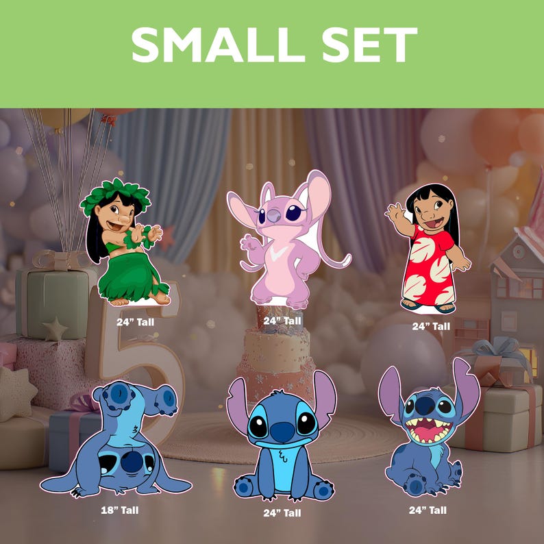 May include: A small set of six cartoon character cutouts. The characters include Lilo, Stitch, and Angel. The cutouts are in various poses and colours, with the text "SMALL SET" at the top. The characters are approximately 46 cm to 61 cm tall.