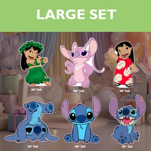 May include: A large set of cartoon character cutouts. The set includes Lilo, Stitch, and Angel figures, each approximately 91 cm tall, and one Stitch figure at 76 cm tall. The text "LARGE SET" is at the top.