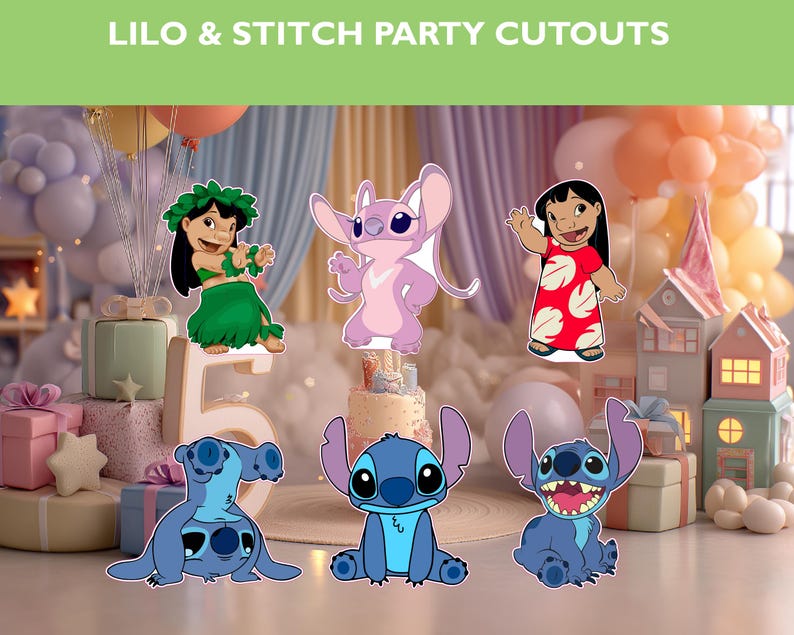 May include: A selection of Lilo & Stitch party cutouts. The image shows Lilo, Stitch, and Angel, alongside other party decorations. The cutouts are brightly coloured and suitable for a birthday celebration. The text "Lilo & Stitch Party Cutouts" is at the top.