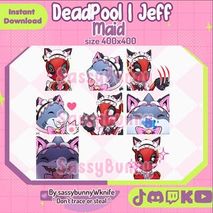May include: Digital download featuring Deadpool and shark-themed maid character art. The images are in a square format, with a pink and white color scheme. Text includes "DeadPool | Jeff Maid" and "size 400x400". The artist's name and a "Don't trace or steal" notice are also present.