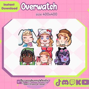 Puede incluir: Gráfico de descarga digital con seis emoticonos de personajes de Overwatch. La obra de arte es de estilo caricatura con un fondo rosa y verde. El texto incluye "Overwatch", "Instant Download" y "size 400x400".