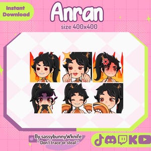 Puede incluir: Conjunto gráfico de descarga digital con seis expresiones faciales diferentes de un personaje de dibujos animados con cabello negro y cola de caballo. La palabra "Anran" está en la parte superior, con el tamaño 400x400. El gráfico está sobre un fondo rosa.