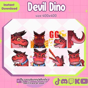 Könnte beinhalten: Ein digitaler Download-Grafik mit einem roten Cartoon-Dinosaurier mit Teufelshörnern und einem blauen Kragen. Das Bild enthält verschiedene Ausdrücke und Posen des Dinosauriers mit dem Text "Devil Dino" und "GG". Der Hintergrund ist rosa.