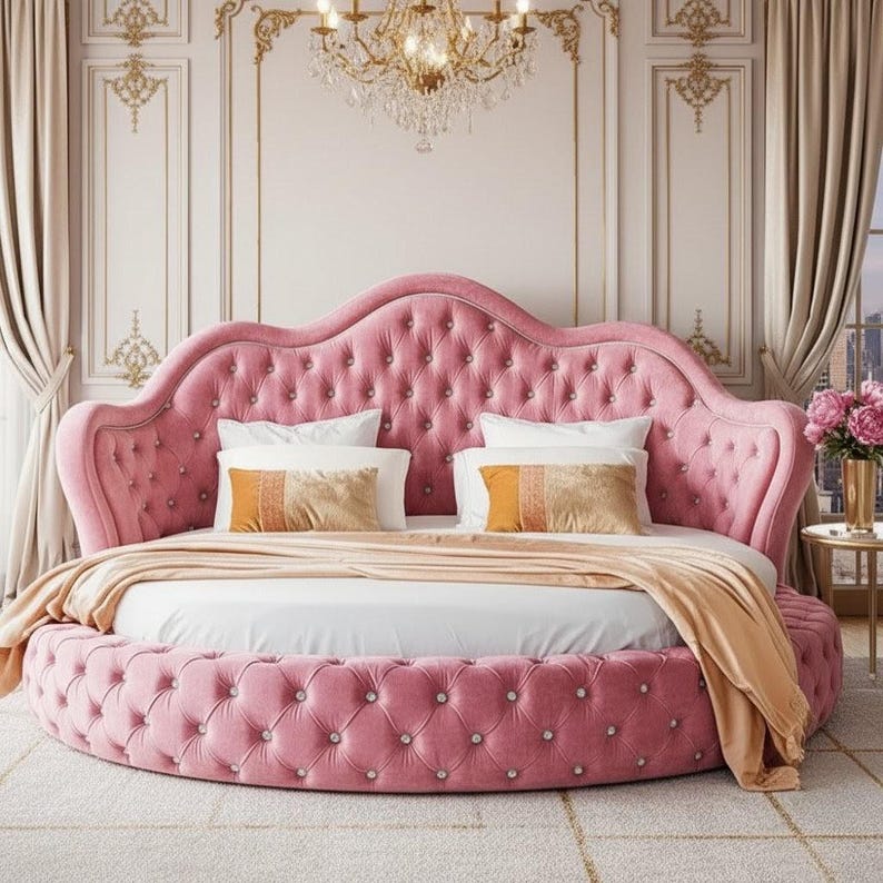 Round Pink Velvet Bed With Crystals – Luxury Tufted Upholstered Bed ...