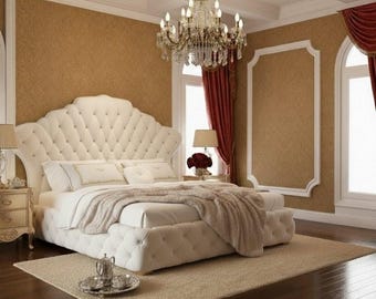 Victorian Style Luxury Tufted Bed – Handmade White Upholstered Bed High Headboard, Elegant Classic Bedroom Furniture PLEASE Read Description