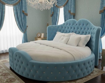 Luxury Round Blue Velvet Bed, Elegant Tufted Bed with Crystals, Handmade Custom Upholstered Bed, Premium Bedroom PLEASE Read Description