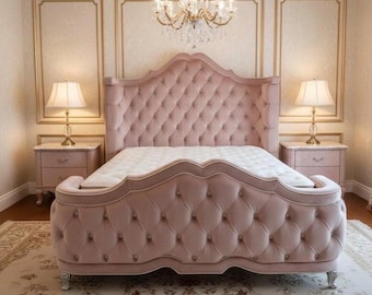 Cali king size bed 72” by 84”. Light pink color. Matching buttons. Delivery to GA 30327. Mattress is not included.