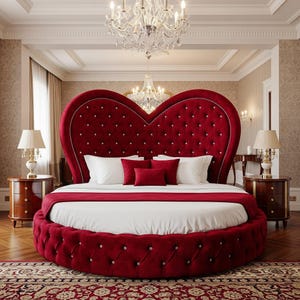 May include: A luxurious, round bed with a heart-shaped headboard. The bed is upholstered in red velvet with button tufting and crystal accents. White bedding and red accent pillows complete the look. Two matching nightstands with lamps flank the bed.