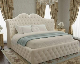 Luxury Tufted Upholstered Bed • Velvet Bed Frame • High Wingback Headboard • Custom Made Bed • Handmade Furniture  PLEASE Read Description