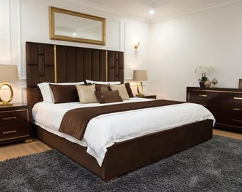 Luxury Bed with Tall Upholstered Headboard | Brown Velvet Platform Bed | Custom Size Modern Bed Frame | PLEASE Read Description