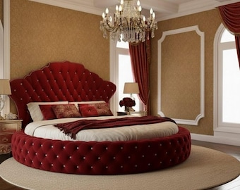 Round Velvet Bed in Burgundy with High Tufted Headboard — Luxury Designer Furniture PLEASE Read Description