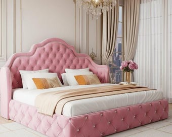 Luxurious Pink Tufted Bed Frame • Elegant Velvet Upholstered Bed • Diamond Button Design • Custom Handmade Bed •PLEASE Read Description