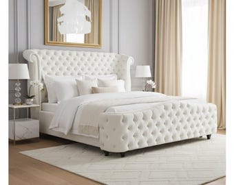 Luxury Tufted Wingback Bed Frame – Upholstered Velvet Bed with High Headboard and Curved Footboard, Handmade Bed PLEASE Read Description