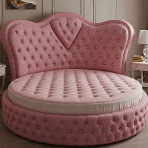 May include: A pink, round bed with a tufted headboard and base. The headboard has a heart-shaped design in the center and is adorned with crystal-like accents. The bed has a diameter of approximately 90 inches.