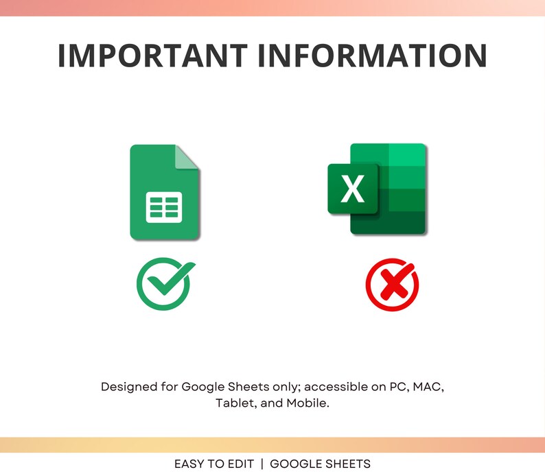 Pode incluir: Um &iacute;cone verde do Google Sheets com uma marca de verifica&ccedil;&atilde;o, indicando que &eacute; compat&iacute;vel com o Google Sheets. Um X vermelho ao lado de um &iacute;cone verde do Microsoft Excel, indicando que n&atilde;o &eacute; compat&iacute;vel com o Microsoft Excel. O texto "Projetado para o Google Sheets apenas; acess&iacute;vel em PC, MAC, tablet e dispositivos m&oacute;veis." est&aacute; abaixo dos &iacute;cones. O texto "EASY TO EDIT | GOOGLE SHEETS" est&aacute; na parte inferior da imagem.