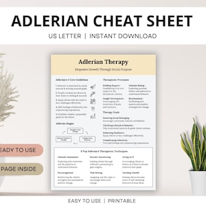 May include: A printable cheat sheet for Adlerian therapy, a type of psychotherapy that focuses on social interaction and personal growth. The sheet includes a list of Adlerian core guidelines, therapeutic processes, therapy goals, and therapeutic techniques. The sheet is designed to be easy to use and includes a variety of helpful information for therapists and clients.