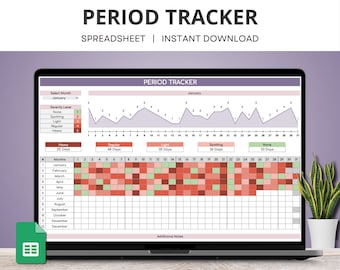 May include: A digital period tracker spreadsheet on a laptop screen. The spreadsheet has a calendar with colored squares to track periods, a line graph to track severity level, and a section for additional notes.