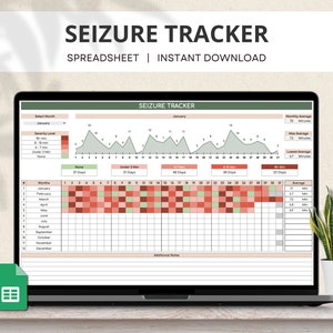 Aanvallen-tracker Google Spreadsheets, maandelijkse aanvalsgrafiek, dagelijks aanvalsdagboek, medische tracker, epilepsielogboek, spreadsheet met ernst van aanvallen