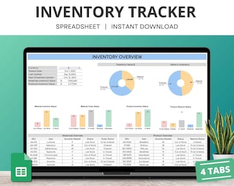 Seguimiento de inventario Hojas de Google, Hoja de cálculo de plantilla de inventario, Lista de registro de inventario, Inventario de productos de materiales, Seguimiento de pequeñas empresas
