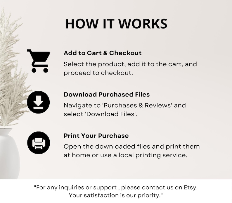 May include: A beige graphic with the text "HOW IT WORKS" at the top. The steps include adding to cart, downloading files, and printing. The image also includes a shopping cart, a download icon, and a printer icon.